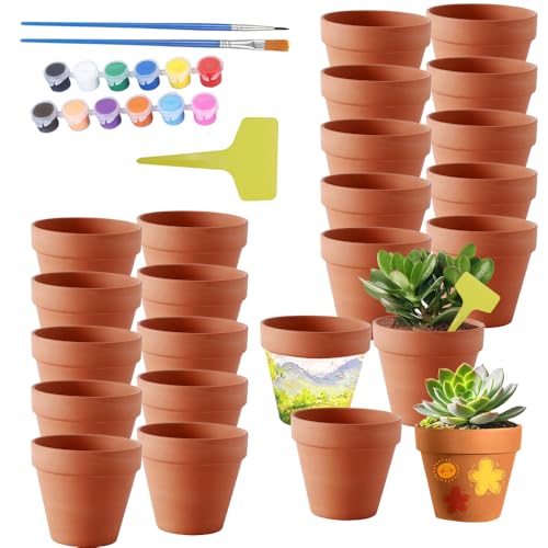 SKIKHN Petits Pots en Terre Cuite,24 Pcs 5X5 cm Mini Pots de Fleurs en Terre Cuite avec Peinture&Pinceaux&Étiquette,Pot de Fleur Terre Cuite avec Trou de...