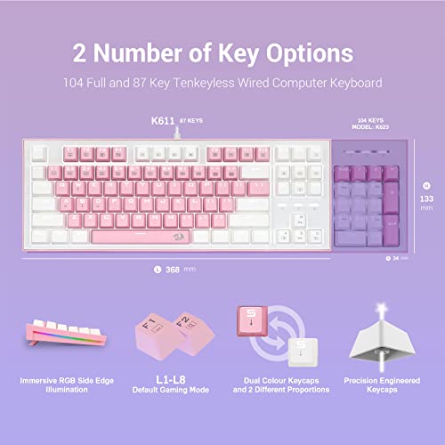 Redragon K611 Dual Color Keys Mechanical Gaming Keyboard Single White Led + Rgb Side Edge Backlit 87 Key Tenkeyless Wired Computer Keyboard With Blue Switches For Windows Pc (Pink + White) #TOP4