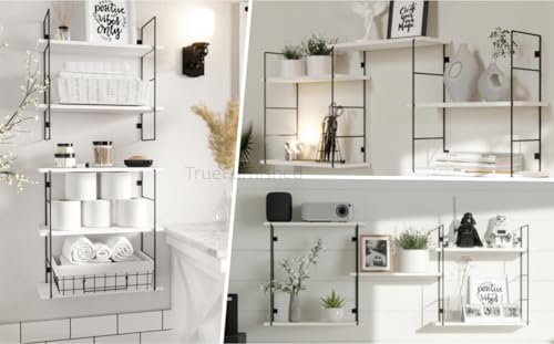 Image of DIY Floating Wall Shelves for Living Room Wall Mounted, Kitchen, Bathroom, Bedroom accsessories & Kidsroom | Wooden & Metal Shelf for Home Office Books, Plants Organiser - White