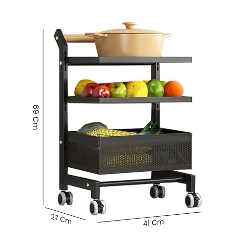 Image of IBELL Metal Vr 6866-3L Multi Purpose Storage Trolley with Wheels, 3 Tier for Kitchen, Living Room & Office (Black)
