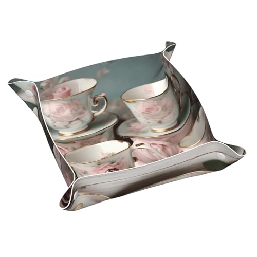 Bandeja de cuero con estampado romántico para tazas de té con rosas, organizador de almacenamiento de escritorio, bandeja decorativa, bandeja para mesita de noche