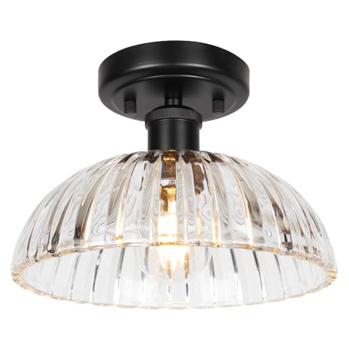 Image of JYZ Semi Flush Mount Ceiling Light, Black Ceiling Light Fixture with Ribbed Glass Shade, Vintage Light fixtures for Hallway, Entryway, Bathroom, Kitchen, Bedroom