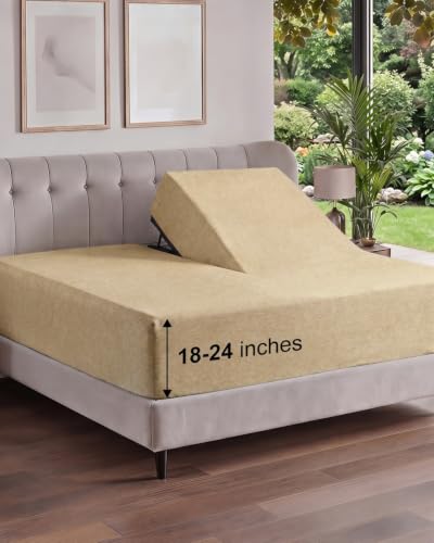 Image of Extra Deep Flex Top Split Head King Fitted Sheet - Hotel Luxury Single Fitted Sheet Only - Easily Fits 18 inch to 24 inch Mattress - Ultra Soft, Wrinkle Free w /Extra Deep Pockets - Heathered Tan