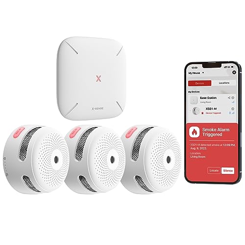 X-Sense Smart Smoke Detector with SBS50 Base Station, Wi-Fi Smoke Alarm Compatible with X-Sense Home Security App, Wireless Interconnected Mini Fire Alarm, Model FS31 3 Smoke Detectors + 1 B