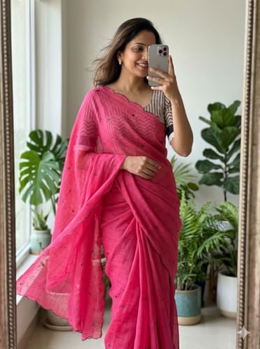 Image of Linen Cotton Saree with Black Mirror Work | New