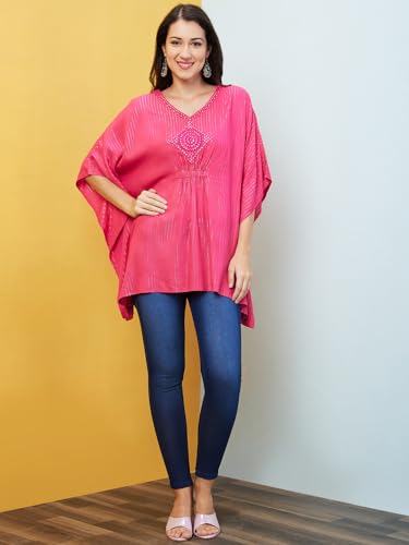 Image of Globus Women Striped Mirror Work V- Neck Pure Cotton Kaftan Tunic