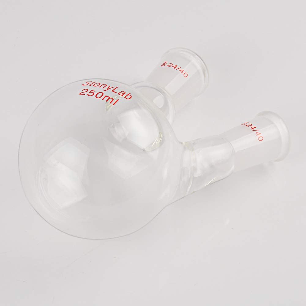 stonylab Ballon à Fond Arrondi en Borosilicaté Verre à 2 Cols RBF, avec 24/40 Joint Extérieur Conique Standard au Centre et sur les Côtés, 2 Neck Round Bottom Flask - 250ml