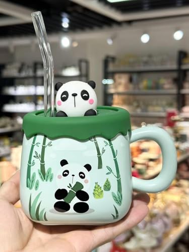 Image of Coffee Mug, Gift for Woman, Birthday Present for Girlfriend, Present for Wife Birthday, Mugs for Present, Holi Gifts, Panda Mug with Lid & Spoon Mug For Kids (PANDA Green)