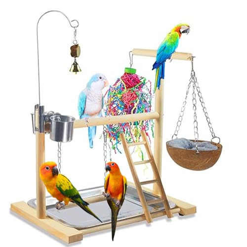 Image of Bird Stand Fun Straw Bell Toys,Parrot Wooden Platform Stand with Perch Ladder, Swing, Bell & Feeder