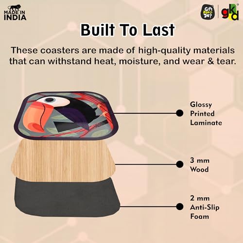 Image of Coaster Set of 4 MDF Wood with Marble Theme Design | Decorative Wooden Coasters for Tea Cups, Coffee Mugs & Glasses (3.5 x 3.5 inch) | Eco-Friendly (Glossy Bird, 3.5)
