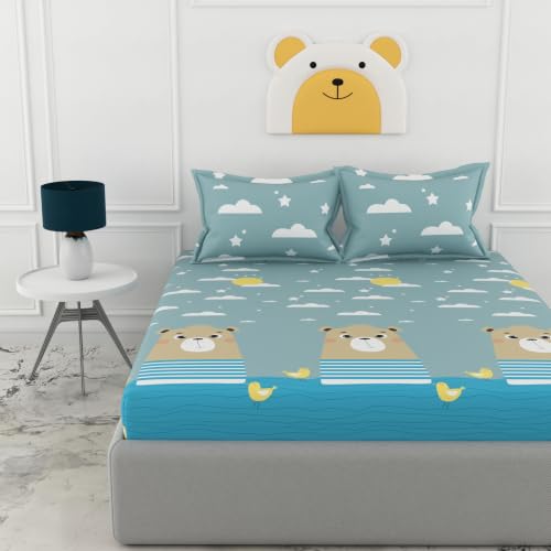 Image of LORETO - A QUALITY LINEN BRAND 186 TC 100% Pure Cotton King Size Fitted Bedsheet with 2 Pillow Covers for 78 x 72 Inch Mattress, All-Around Elastic, 8 Inch Deep Pocket, Aqua Blue Bear & Duck