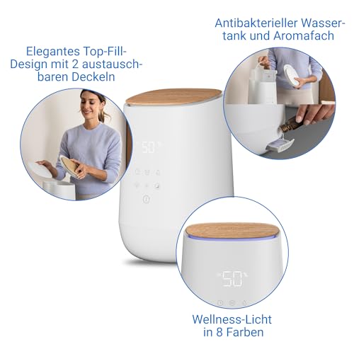 medisana AH 680 Luftbefeuchter und Aroma Diffusor, Lufterfrischer für die Wohnung, Raumbefeuchter elektrisch mit Timerfunktion für Schlafzimmer, Kinderzimmer, Schlafmodus und integriertes Aromafach