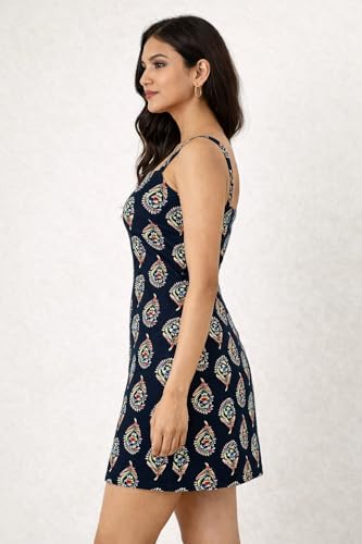 Image of Rayon Printed Short Dress for Women | Sleeveless Style | Pull-On Closure, Floral Design, Square Neck, Slim Fit Style for Parties, Summer Evening Outfits - Black