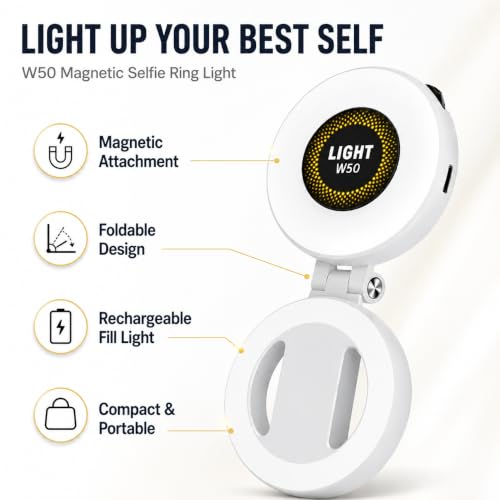 Image of W50 Magnetic Selfie Ring Light for Mobile Phone, Foldable LED Clip Lamp with 180 Degree Adjustable Angle and Sticky Ring Mount for Video Calls, Vlogging, Live Streaming and Selfies
