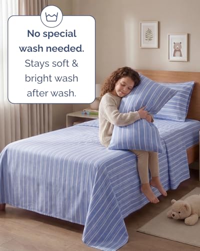 Image of Twin 4 Piece Bed Sheet Set - Breathable & Cooling Sheets - Blue Stripes | Ultra Soft Hotel Luxury Bedding Set with 8-16 Inch Deep Pockets, 1 Flat & 1 Fitted Sheet & 2 Pillowcases, Wrinkle & Fade Free