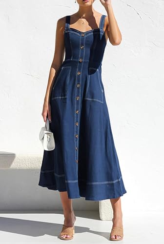Women's Summer Adjustable Strap Sleeveless Midi Denim Dress Button Down A-Line Swing Flowy Jean Dress4