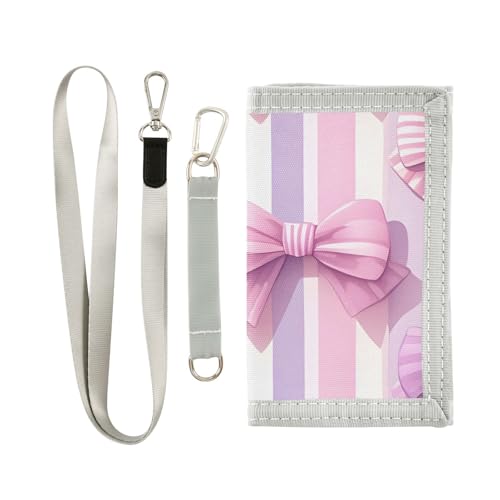Purple Bow Durable Nylon Fabric Wallet for Boys and Girls - Multi-Functional with 2 Clear Pockets, Zipper Coin Compartment, 3 Card Slots & Keyring