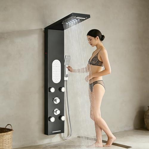 HARNART Système de Panneau de Douche avec 5 Modes,Tour de Panneau de Douche LED,5 Jets de Massage Corporel Bec de Baignoire Pomme de Douche à Main avec Tuyau 1.5 m,Ensemble de Douche,Noir