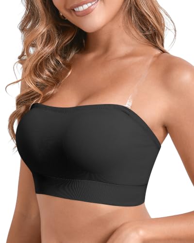 Image of DEANGELMON Strapless Bras for Women Wireless Push Up Non-Slip Bandeau Bra Seamless Clear Straps TubeTop Padded Bralette