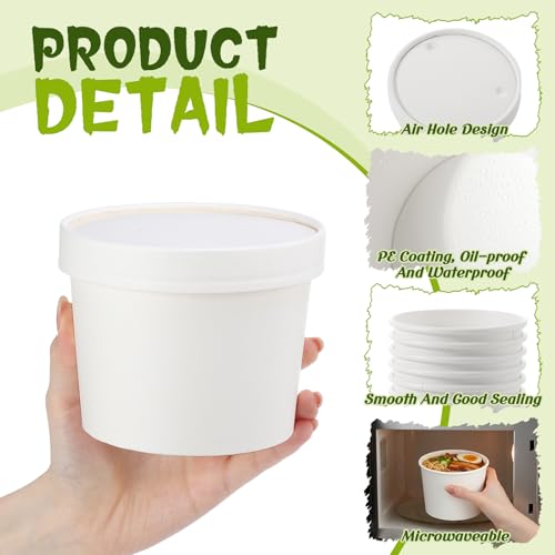 Image of Fulmoon 20 oz 100 Pack Paper Containers with Lids Soup Bowl Cup, White | Disposable Ice Cream Cup, Kraft Food Containers with Vented Lid Stackable for Hot Soup Dessert Cake Fruit Microwave Takeout