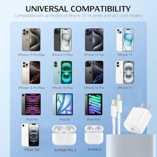 Image of iPhone 17 16 Pro Charger Fast Charging,20W Super Fast USB C Charger Block,2Pack Quick Type C Phone Chargers,10FT USB C Charging Cable Cord for iPhone 17 Pro /17 ProMax /17 Air /16 /16 ProMax /16e /15 /15 Pro