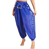 Women's Belly Dance Pants Elastic Wasited Coin Lantern Pants Side Split Sequin Shiny Harem Arabian India Performance Trousers (US, Alpha, One Size, Regular, Regular, Standard, Royal Blue)