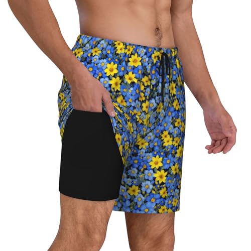 Blue and Yellow Flowers Print Men Stylish Functionality Swim Trunks Breathable Beach Shorts Surfing Gym Fishing3