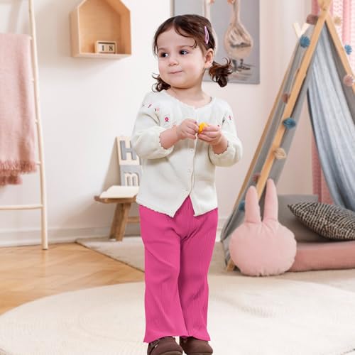2 Pack Baby Girl Pants Toddler Ribbed Bell Bottoms with Pockets Stretchy Solid Ruffle Newborn Girl Flare Leggings3