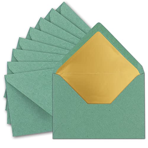 25 sobres DIN C5, 15,6 x 22 cm, de papel kraft en color verde eucalipto con forro de seda dorado, pegado en húmedo, sobres en blanco de papel reciclado, serie Umwelt