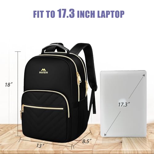 Image of MATEIN Travel Laptop Backpack for Women, Large Nurse Teacher Bookbag, Black | 17 Inch Computer Bag, Stylish Casual Daypack with Leather Handle, Water Resistant, Perfect for Office Travel