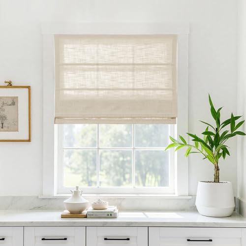 TWOPAGES Linen Roman Shades for Windows Custom Cordless Blinds for Indoor Windows,French Doors,Bedroom, Living Room, Bathroom(Sand Beige, Custom Made)