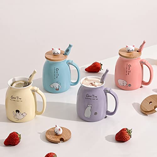 SHENDONG 2 Pack Cat Mugs Cute Ceramic Coffee Cups Set of 2 with Kawaii Bamboo Lid and Spoon Novelty Morning Cup Coffee Milk Tea Mugs - Image 3
