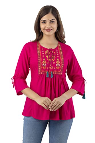 Image of DMP FASHION Women's Rayon Classic Heavy Embroidery Top with Beautifull Tassels at Front and on Both Sleeves
