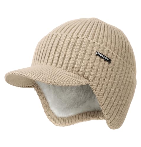 Wmcaps Wintermütze mit Ohrenschützern, Strickmütze für Herren Dickes Warmes Futter Wind und Kältefest Ski-Gehörschutz, Geschenke für Männer Frauen Freundinnen, Beige