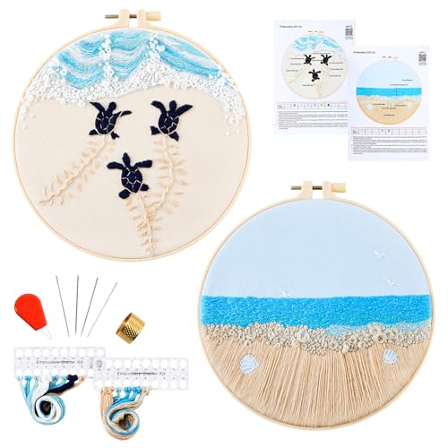 Image of Embroidery Kit for Beginner Adults, Stamped Cross Stitch kits for Adults Beginners, Ocean Hand Embroidery Starter Needlepoint Kit, 2 Set Embroidery Supplies, 2 Hoops (Attached Teaching Video QR Code)