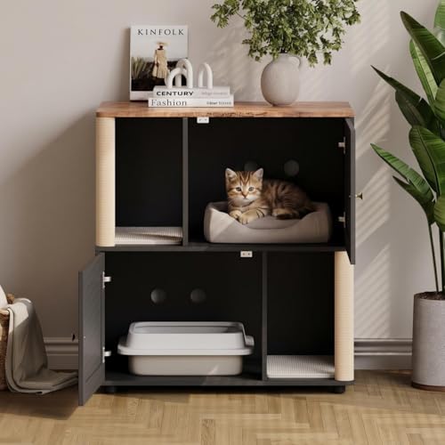 Litter Box Cabinet Hidden Cat Litter Box Furniture with Dual Compartments Odor Control & Scratch-Resistant Panels Compact Enclosure for Multiple Cats White Black Grey