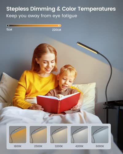 Image of Glocusent 38 LED Clip On Light: 5W Eye Caring Book Lights for Reading at Night - 5 Color & 5 Brightness with a Remote, 30-Min Auto Off Timer, Multi-Purpose Clip Lamp for Bed Reading /Studying /Working