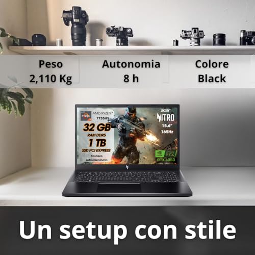 Nitro V15 Pc Gaming, Notebook Gaming AMD RYZEN7 7735HS, 32GB RAM DDR5, SSD 1TB, Display 15,6" FHD IPS 165 Hz, NVIDIA GeForce RTX 4050 (6 GB GDDR6), Tastiera Retroilluminata, Laptop Gaming - Notebook - Immagine 1