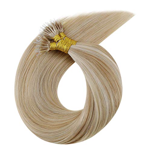 22" Nano Bead Hair Extensions Human Hair Highlight Blonde Real Human Hair Extensions Nano Tip Ash Blonde with Golden Blonde Highlight Nano Extensions Human Hair Straight 50g/50s