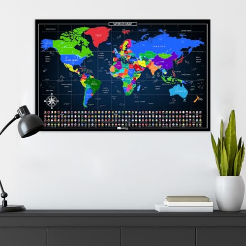 Giallobus - Mapa świata do zdrapywania - Mapa zdrapka - Papier powlekany - 68L x 43,5l cm - 04 - Map of the World - Pomysły na prezent - zdrapywana mapa z flagami - srebrna