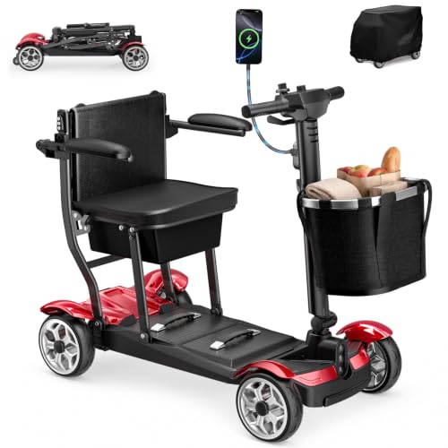 Image of 4-Wheel Motorized Scooters for Seniors-39LBS Light Frame& 30 Miles Range | 350LBS Capacity& 270W Brushless Motor Powered Folding Electric Wheelchair with Dust Cover& LED Lights& Auto Brake-Red Color