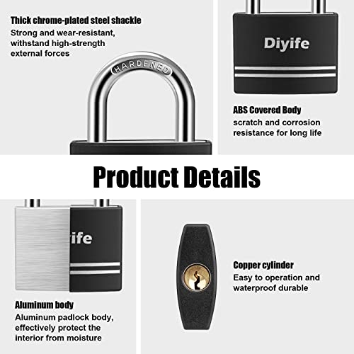 image for Diyife Keyed Padlock, [2 Pack] [Anti-Rust] Aluminum Lock with Key, 4 K