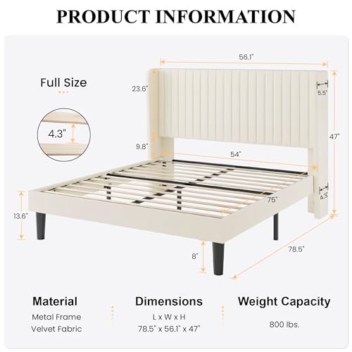 Image of SHA CERLIN Full Size Velvet Bed Frame, Tufted Wingback Headboard, Cream | 47'' Modern Vertical Channel Headboard, Upholstered Platform Bed, Wood Slats, No Box Spring Needed, Easy Assembly, Noise Free