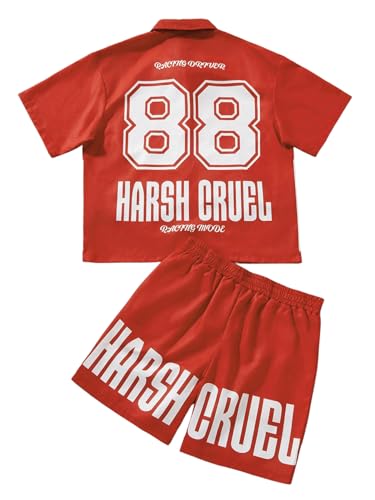 SOLY HUX Men's 2 Piece Outfits Letter Graphic Color Block Zip Up Short Sleeve Collared Shirt and Shorts Set Streetwear2