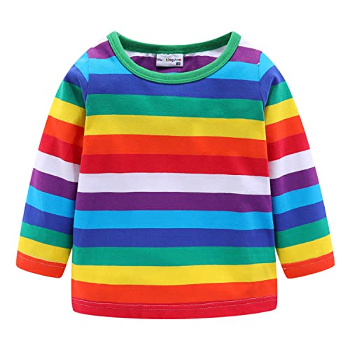 Image of LittleSpring Boys Girls T Shirt Rainbow Striped Cotton Crewneck Tees for Kids Fashion