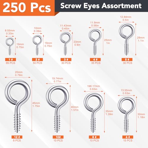 250 Pcs Eye Hook Screw, Screw Eyes 0.75"-1.75" Eye Bolts 9 Size Heavy Duty Eyelet Screw Nickel Plated Self Tapping Screws for Picture Frame