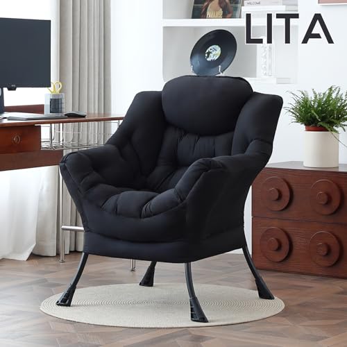 Image of LITA Lazy Chair with Armrests and Side Pocket, Modern Upholstered Accent Reading Chair for Living Room, Bedroom, Dorm, Small Spaces, Single Black
