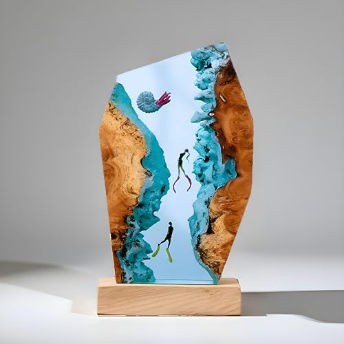 Handmade Resin Ocean Desk Lamp – Customizable Ambient Light – Sea Creatures Decorative Lamp – Modern Coastal Decor (Medium, Ocean Creature - Snail & Diver 02)