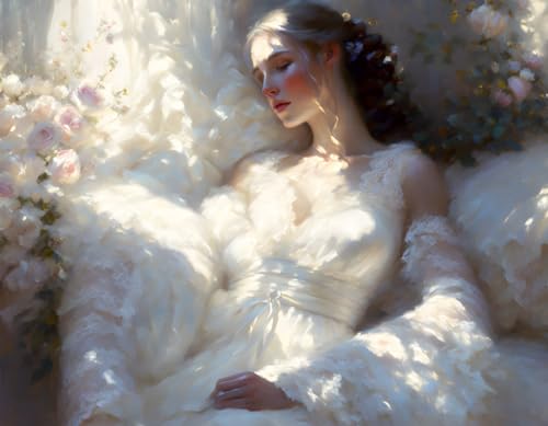 Poster mural sur toile sans cadre femme en robe de dentelle blanche décoration salon 50 x 70