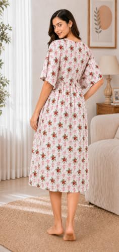 Image of Noty Women's- Kaftan | Maxi | Maternity | Feeding | Delivery Gown- Cotton Fabric- V Neck | Floral Print | 2 Pockets | Midi